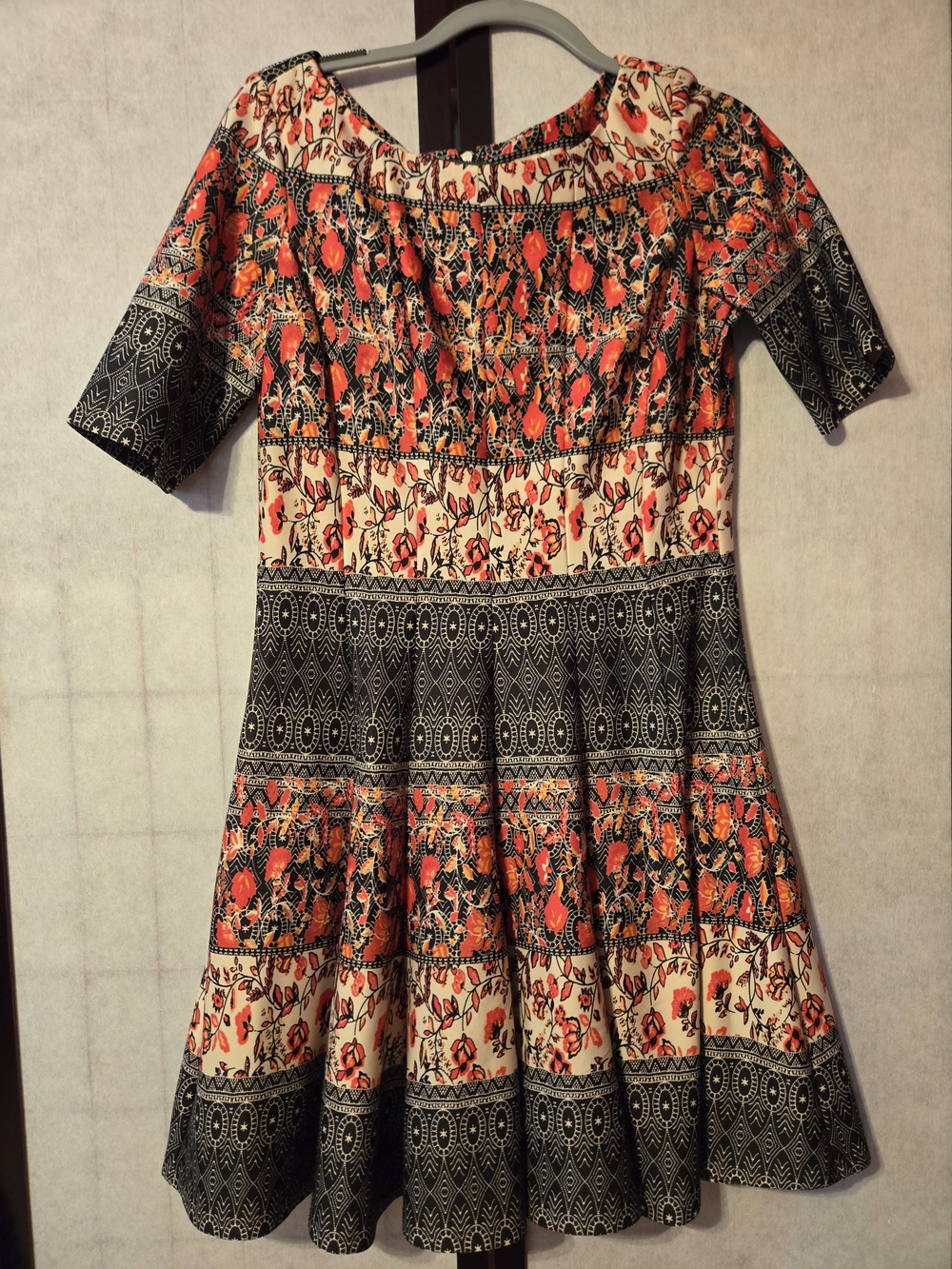 Julian Taylor Cream Dress with Orange Floral and Black Geometric Bands